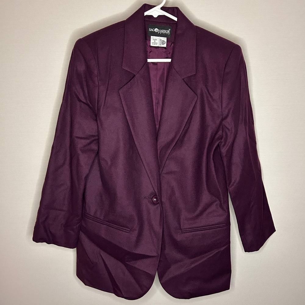 VTG Sag Harbor Petite Plum Purple 100% Wool‎ Blazer Jacket Shoulder Pads Women 8